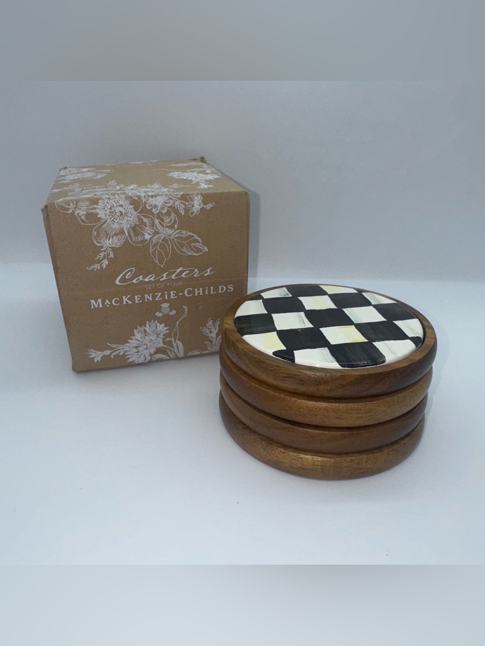 MacKenzie-Childs Black and White Check Ceramic Top Wood Coaster Set
